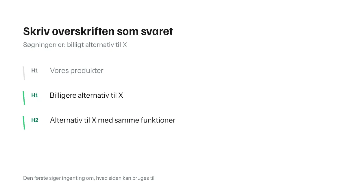 Tre overskrifter. Vores produkter siger ingenting. Billigere alternativ til X og Alternativ til X med samme funktioner matcher søgningen.